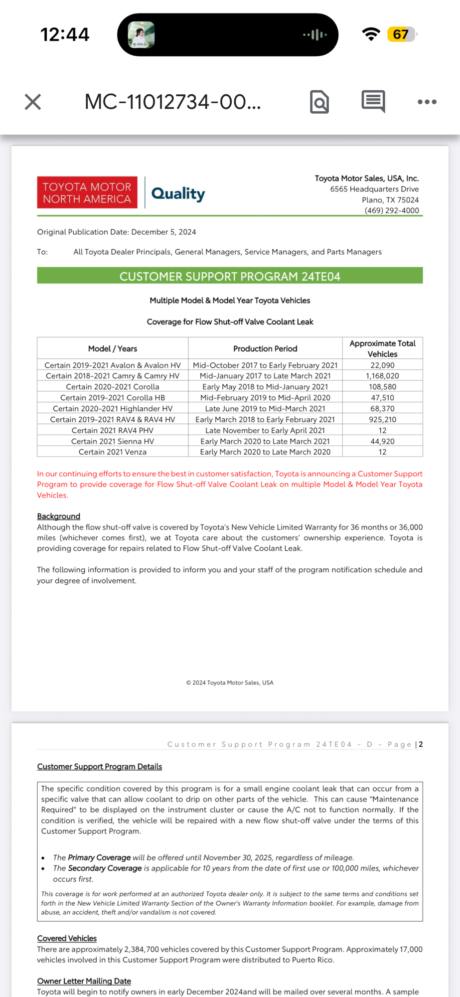 Toyota customer support program for engine maintenance light